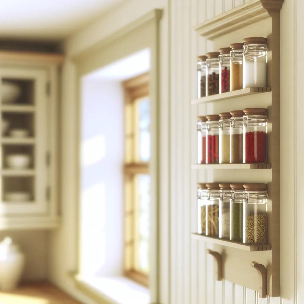 Warm wooden spice rack with organized glass jars