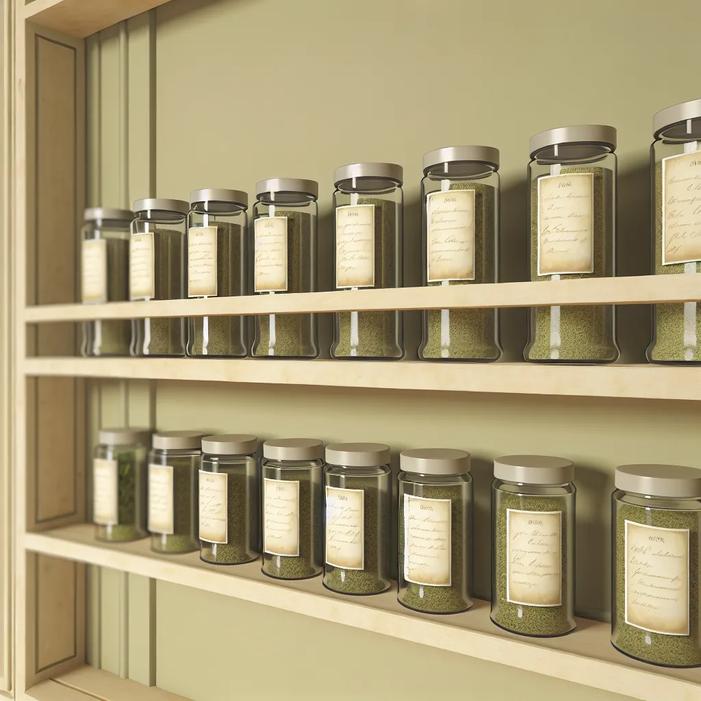 Beautifully labeled spice jars on wooden shelf